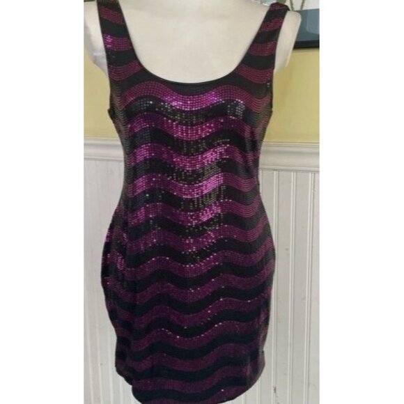 As U Wish M Black & Pink Sequin Chevron Tank Dress vintage 90s - Picture 1 of 8